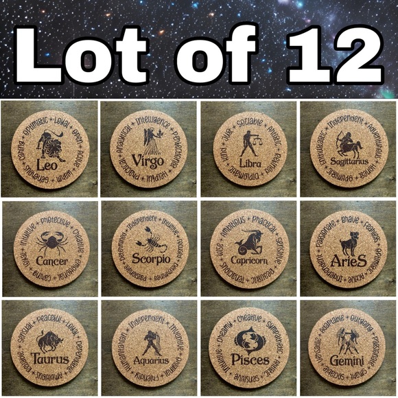 Zodiac Signs Encircled Cork Coasters Lot of 12 - Picture 1 of 9